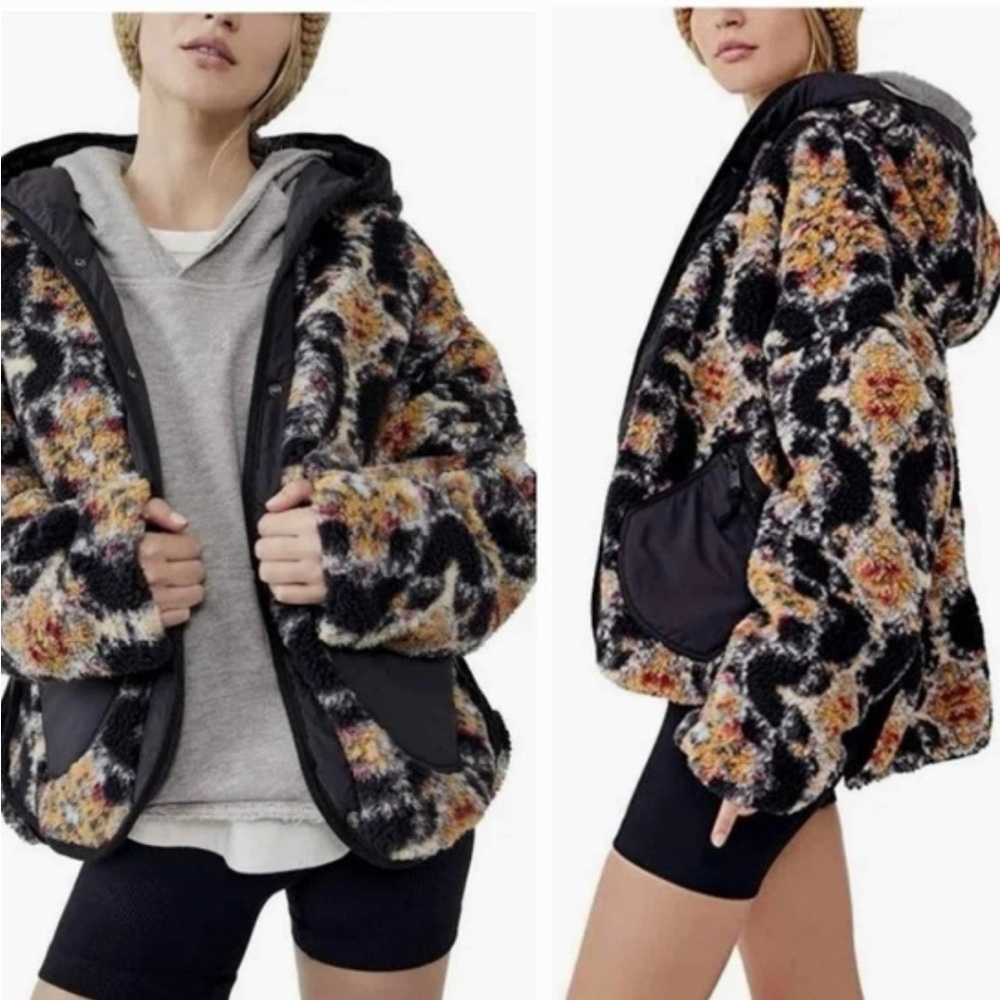 Free People Black Multi Floral Faux Fur Hooded Jacket
